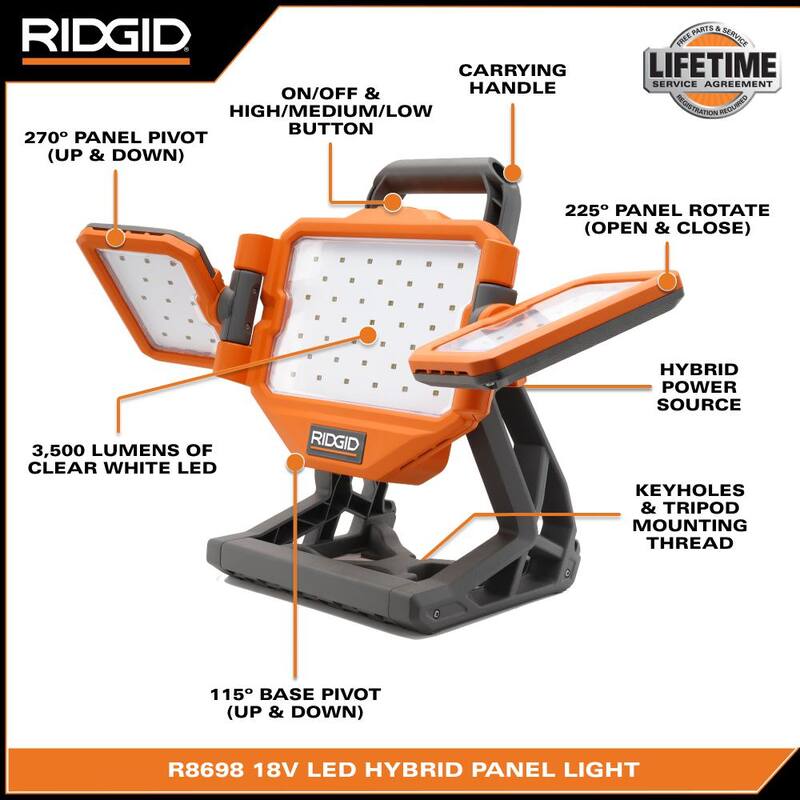 Kit combinado de 2 herramientas inalámbricas RIDGID de 18V con llave de impacto sin escobillas de 1/2 pulg., luz de panel híbrida, batería de salida máxima de 4 Ah y cargador - R86012K-R8698B