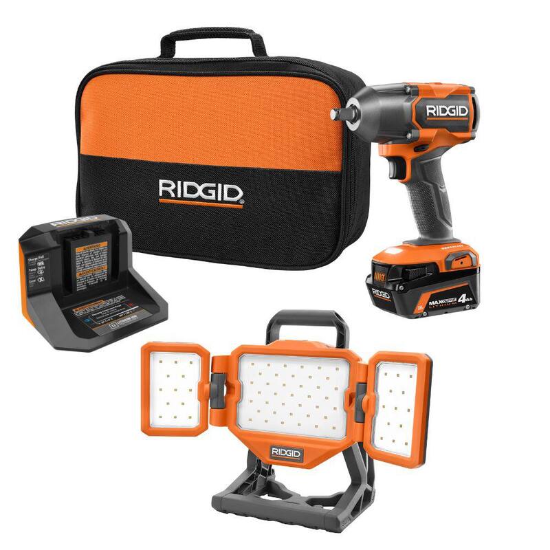 Kit combinado de 2 herramientas inalámbricas RIDGID de 18V con llave de impacto sin escobillas de 1/2 pulg., luz de panel híbrida, batería de salida máxima de 4 Ah y cargador - R86012K-R8698B