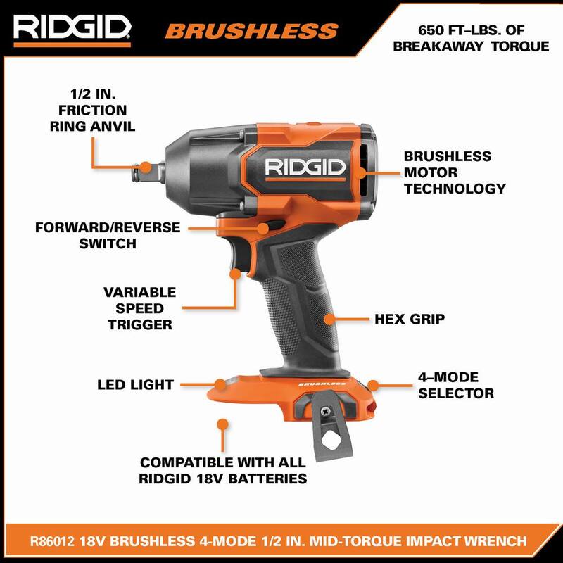 Kit de Combo Inalámbrico y sin escobillas RIDGID de 18V con Llave de Impacto de 1/2 pulgada, Sierra Circular, Batería máxima de salida de 4.0 Ah y Cargador - R86012K-R8657B