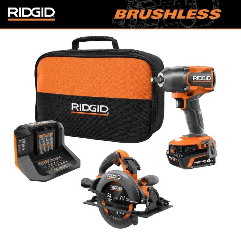 Kit de Combo Inalámbrico y sin escobillas RIDGID de 18V con Llave de Impacto de 1/2 pulgada, Sierra Circular, Batería máxima de salida de 4.0 Ah y Cargador - R86012K-R8657B