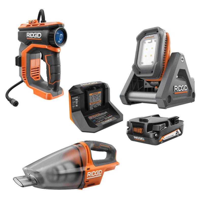 Juego de combo de 2 herramientas inalámbricas Brushless de 18V RIDGID con Luz Mat, Inflador Digital, Batería, Cargador y Aspiradora de Mano - R8694620KSBN-R87044-R8609021B