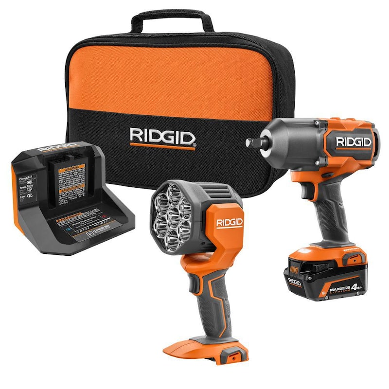 Juego de combo inalámbrico RIDGID 18V Brushless de 2 herramientas con llave de impacto de alto torque, foco LED, batería de 4.0 Ah y cargador - R86212KN-R8699B