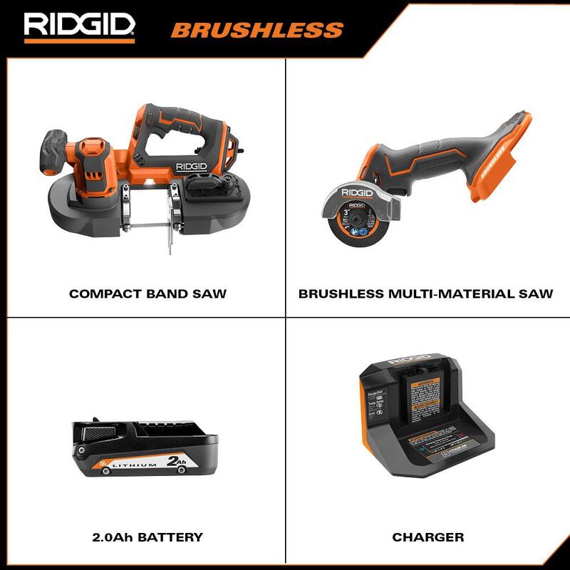 Kit combo inalámbrico de 2 herramientas RIDGID 18V con sierra de banda compacta, sierra multi-material sin escobillas SubCompact, batería de 2.0 Ah y cargador - R8604B-R87547B-AC9302