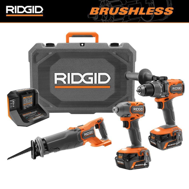 Kit de combo de 2 herramientas RIDGID 18V Brushless con baterías de salida máxima de 6.0 Ah y 4.0 Ah, cargador, estuche rígido y sierra reciprocante - R92082-R8647B
