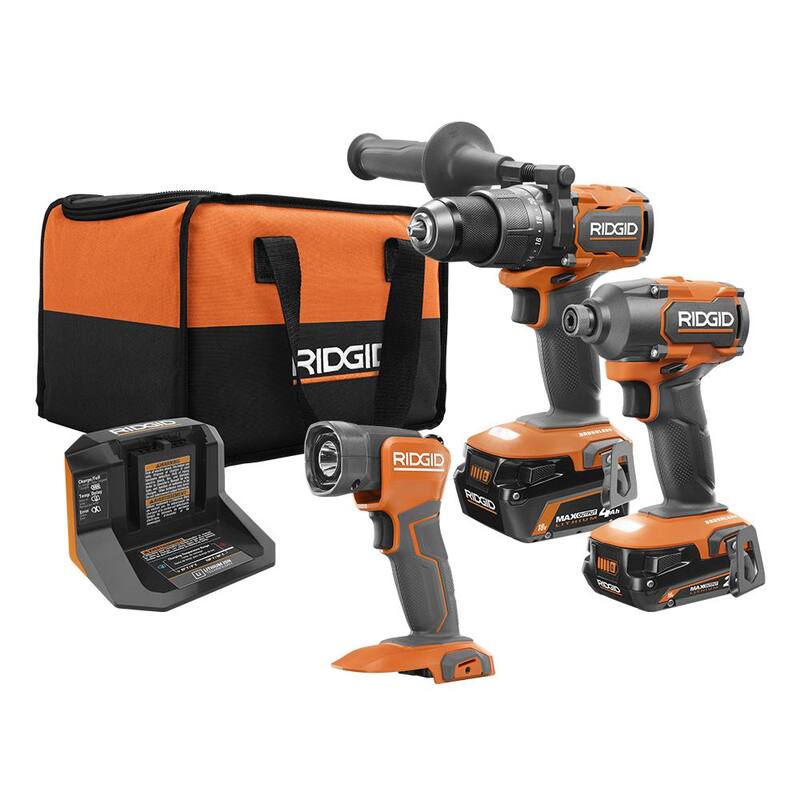 Kit combo de 3 herramientas inalámbricas sin escobillas RIDGID de 18V con taladro percutor, destornillador de impacto, luz de trabajo LED, (2) baterías, cargador y bolsa - R9208-R8695B