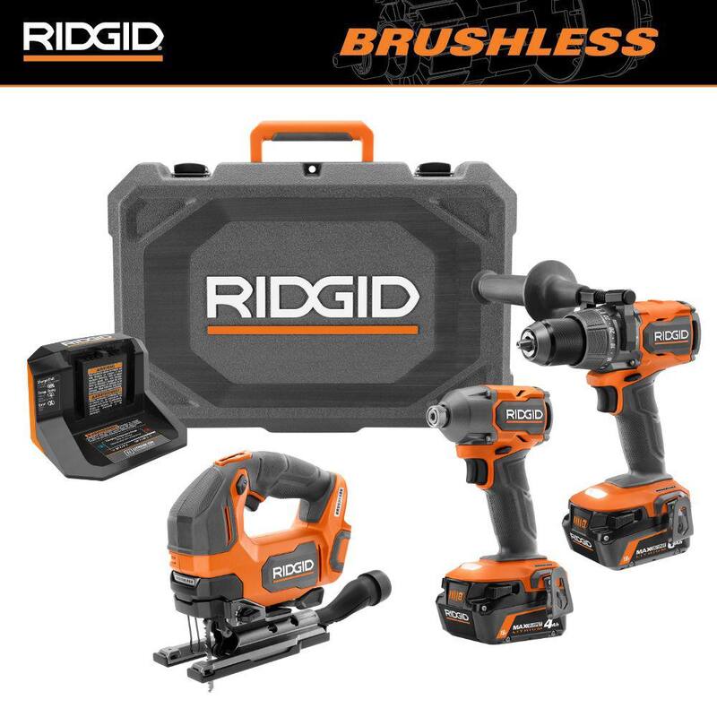 Juego de combo de 2 herramientas sin escobillas RIDGID 18V con baterías de salida máxima de 6.0 Ah y 4.0 Ah, cargador, estuche rígido y sierra de calar - R92082-R86344B