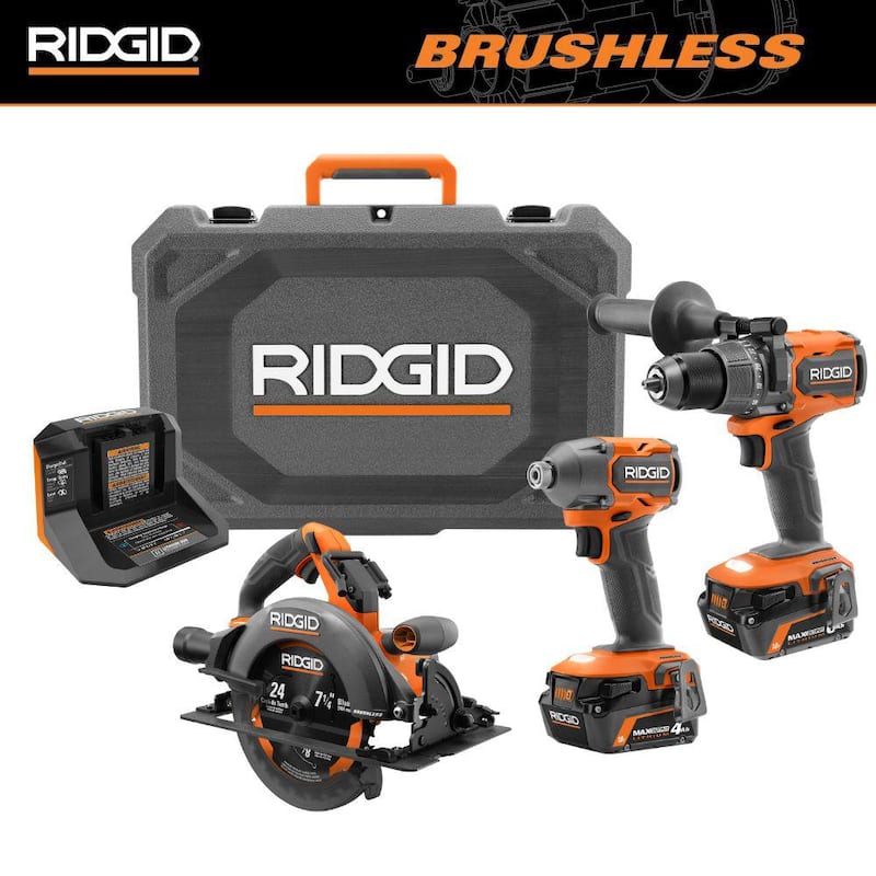 RIDGID 18V Kit de Combo de 2 Herramientas Brushless con Baterías de salida MAX de 6.0 Ah y 4.0 Ah, Cargador, Estuche Rígido y Sierra Circular de 7-1/4 pulg - R92082-R8657B