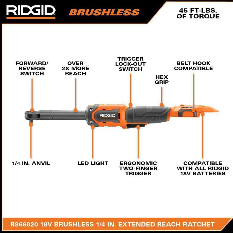 Kit de combo inalámbrico RIDGID 18V Brushless con 2 herramientas, incluye una trinquete de alcance extendido de 1/4 de pulgada y una trinquete de 3/8 de pulgada (sólo herramientas) - R866020B-R866011B