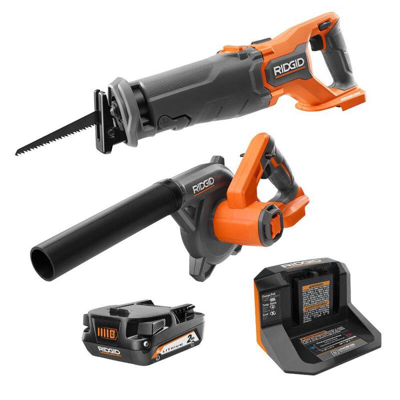 Kit soplador compacto RIDGID de 18V con batería de 2.0 Ah y cargador con sierra reciproca sin escobillas - R86043KSBN-R8647B