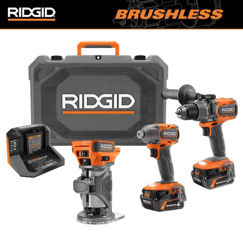 Conjunto de combo de 2 herramientas RIDGID 18V Brushless con baterías de salida máxima de 6.0 Ah y 4.0 Ah, cargador, estuche rígido y enrutador compacto - R92082-R860444B.