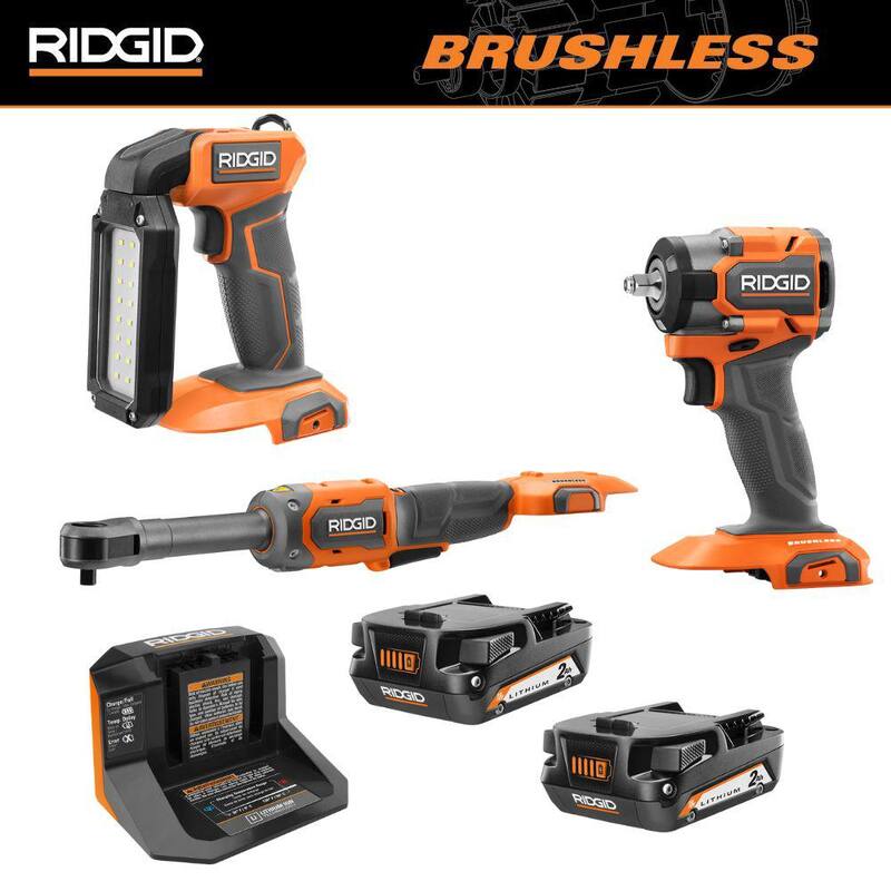 Juego de combo de 3 herramientas inalámbricas RIDGID de 18V con luz LED, llave de impacto SubC, trinquete de alcance extendido, (2) baterías de 2.0 Ah y cargador - R8696B-R872071B-R866021B-R8400802PR86093