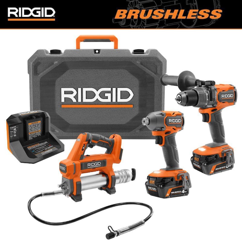 RIDGID 18V Juego de Combinación de 2 Herramientas Sin Escobillas con Baterías de Salida Máxima de 6.0 Ah y 4.0 Ah, Cargador, Estuche Rígido y Pistola para Grasa - R92082-R860445B