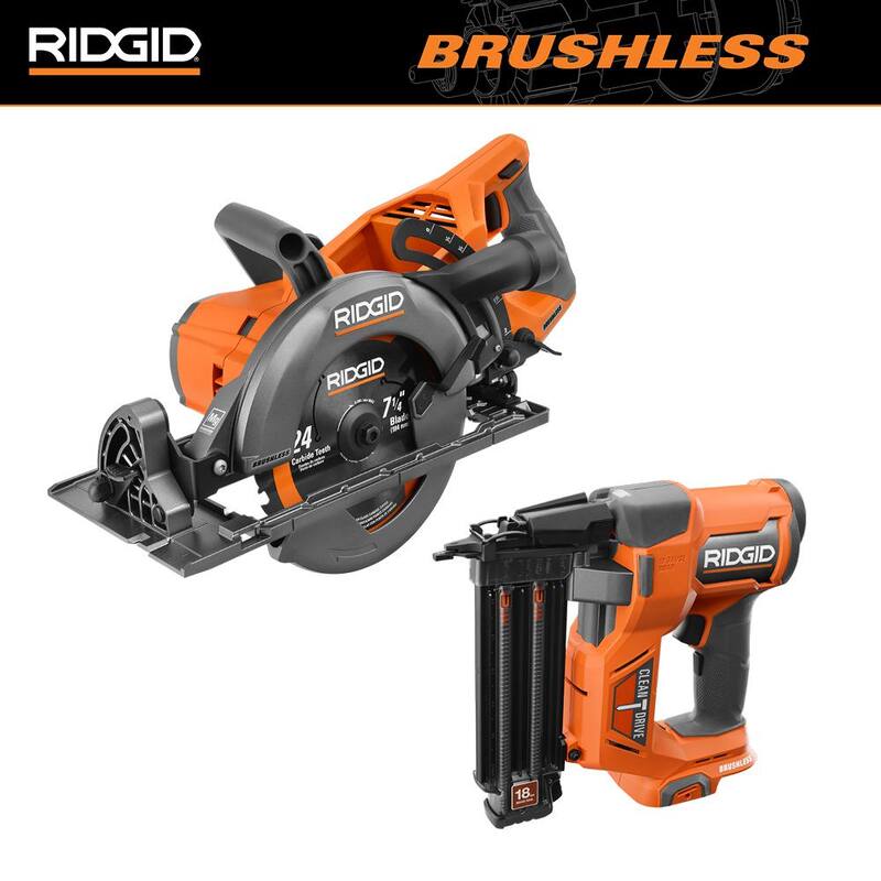 Kit de combo inalámbrico sin escobillas de 18V de RIDGID con sierra circular de 7-1/4 pulgadas y clavadora de calibre 18 (solo herramientas) - R8658B-R09891B