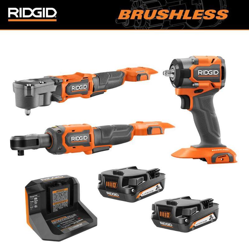 Juego de 3 herramientas inalámbricas RIDGID 18V con motor sin escobillas, incluye 2 baterías de 2.0 Ah y cargador - R866011B-R872071B-R8720B-R8400802PR86093