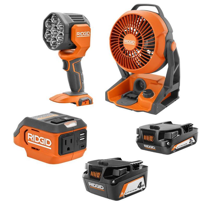 Kit combinado de 3 herramientas inalámbricas RIDGID 18V con inversor de corriente alterna, ventilador, luz LED y baterías de 4.0 y 2.0 Ah - AC86097-AC8400802-AC87004-R8699B-R860721