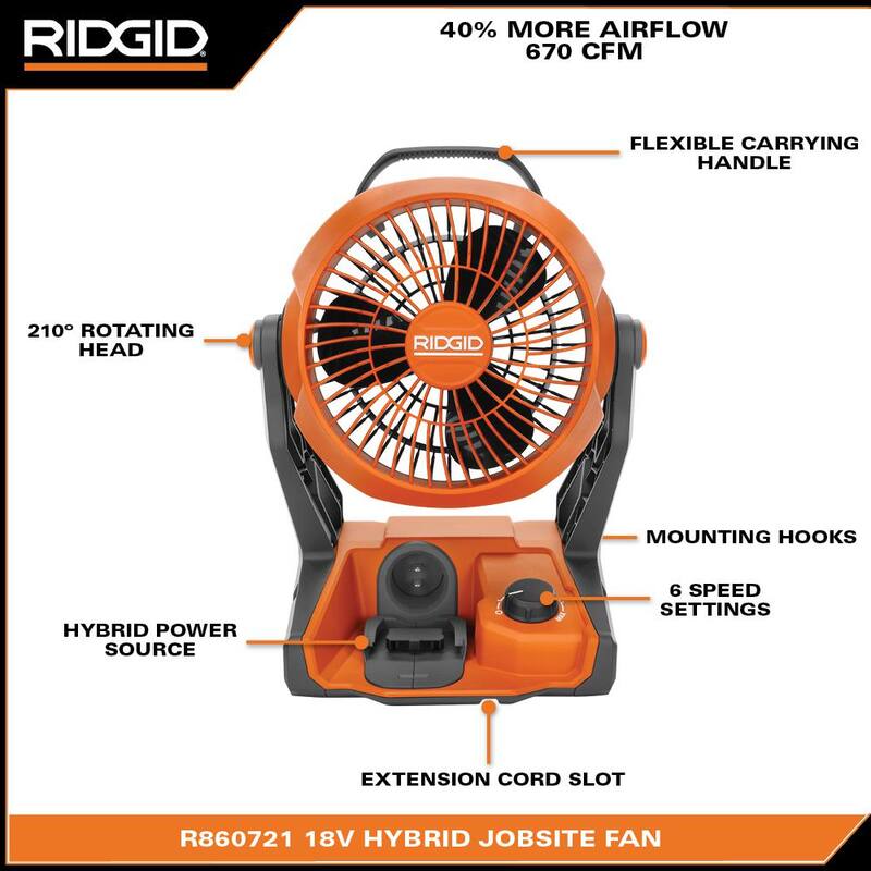 Kit combinado de 3 herramientas inalámbricas RIDGID 18V con inversor de corriente alterna, ventilador, luz LED y baterías de 4.0 y 2.0 Ah - AC86097-AC8400802-AC87004-R8699B-R860721