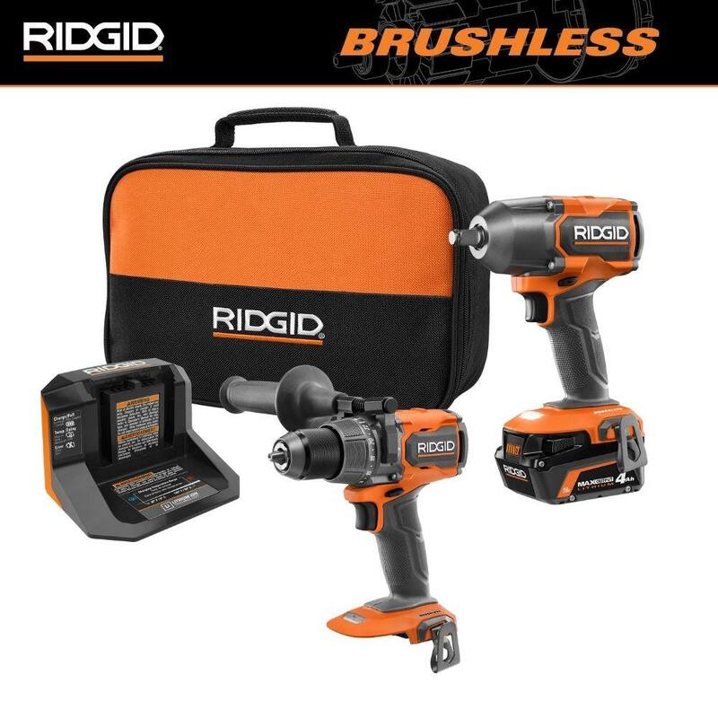 Kit de combinación inalámbrico RIDGID 18V Brushless de 2 herramientas con llave de impacto de 1/2 pulgadas, taladro percutor, batería de salida máxima de 4.0 Ah y cargador - R86012K-R861152B
