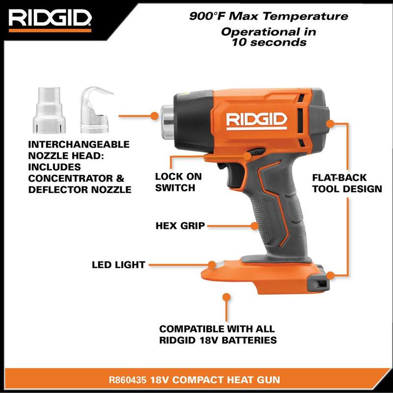 Kit de combo inalámbrico RIDGID 18V con 2 herramientas que incluyen una llave de impacto de 1/2 pulgadas sin escobillas, una pistola de calor, una batería de salida máxima de 4.0 Ah y un cargador - R86012K-R860435B