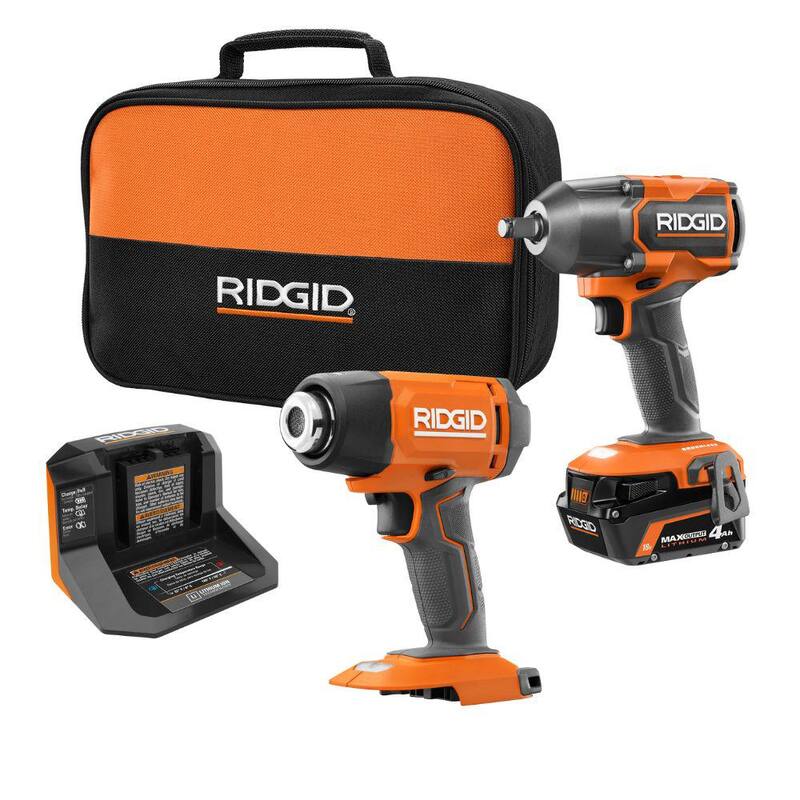 Kit de combo inalámbrico RIDGID 18V con 2 herramientas que incluyen una llave de impacto de 1/2 pulgadas sin escobillas, una pistola de calor, una batería de salida máxima de 4.0 Ah y un cargador - R86012K-R860435B