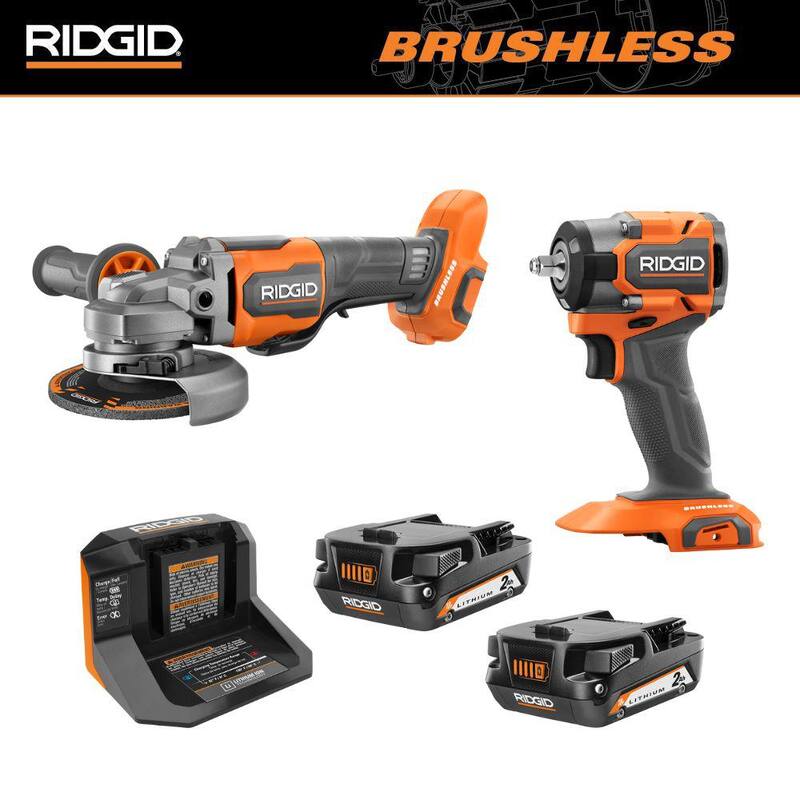 RIDGID Juego de 2 herramientas 18V inalámbricas con motor sin escobillas, incluye llave de impacto SubCompact, amoladora angular, (2) baterías de 2.0 Ah y cargador - R872071B-R86047B-AC8400802P-AC86093N