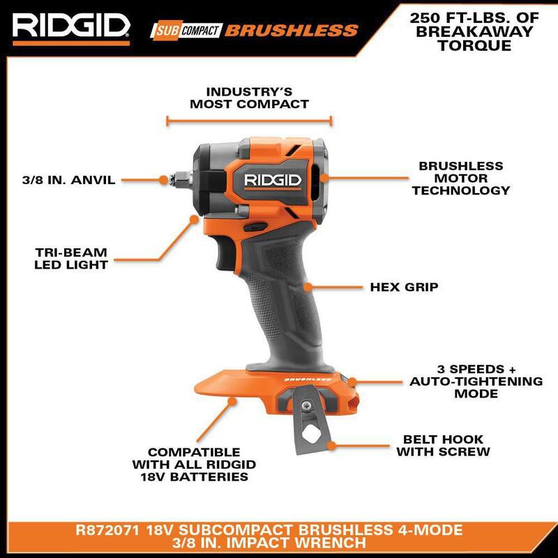 RIDGID Juego de 2 herramientas 18V inalámbricas con motor sin escobillas, incluye llave de impacto SubCompact, amoladora angular, (2) baterías de 2.0 Ah y cargador - R872071B-R86047B-AC8400802P-AC86093N