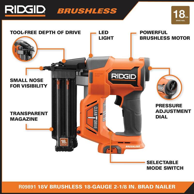 Clavadora inalámbrica sin escobillas RIDGID de 18V calibre 18 de 2-1/8 pulgadas con motor sin escobillas de 3 velocidades inalámbrico de 1/4 de pulgada (solo herramientas) - R09891B-R862311B