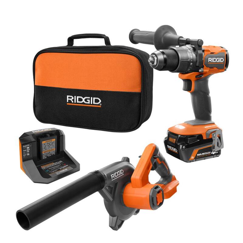 Juego de herramientas inalámbricas RIDGID de 18V con taladro/driver de martillo sin escobillas, sopladora para sitios de trabajo, batería de salida máxima de 4.0 Ah, cargador y bolsa - R86115K-R86043B