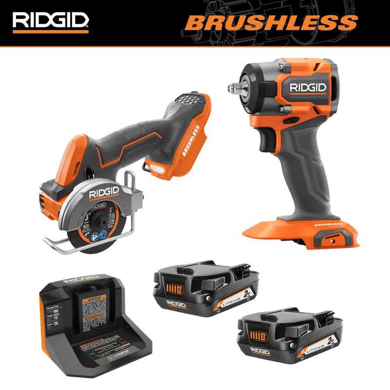 Kit combo de 2 herramientas inalámbricas RIDGID 18V SubCompact Brushless con llave de impacto, sierra multi-material, (2) baterías de 2Ah y cargador - R872071B-R87547B-AC8400802P-AC86093N.