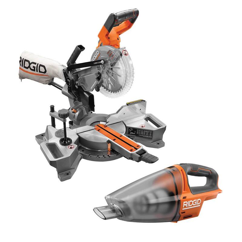 Paquete combinado de 2 herramientas inalámbricas RIDGID de 18V con sierra ingleteadora deslizante de bisel dual de 7-1/4 pulgadas sin escobillas y aspiradora manual compacta (solo herramientas) - R48607B-R8609021B