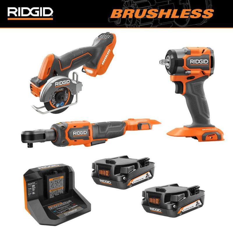 Juego de combos inalámbricos RIDGID Brushless de 18V con 3 herramientas con (2) Baterías de 2.0 Ah y Cargador - R872071B-R87547B-R866011-R8400802PR86093