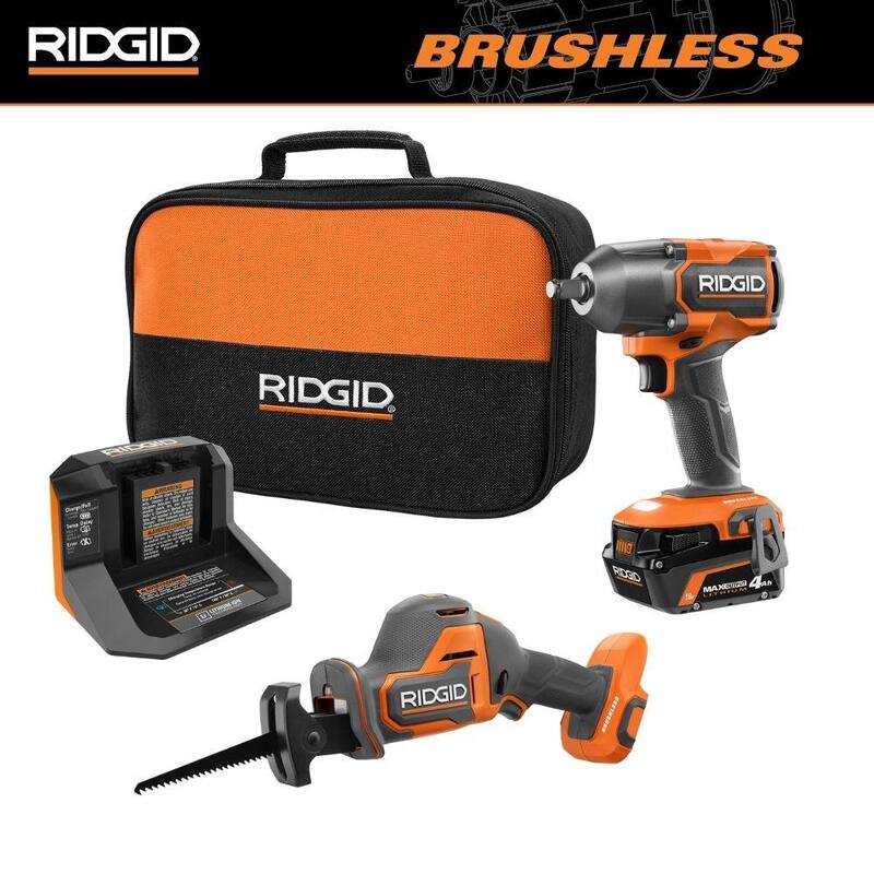 Juego de combos sin escobillas inalámbricos RIDGID 18V de 2 herramientas con llave de impacto, sierra de sable SubC de una mano, batería de salida máxima de 4.0 Ah y cargador - R86012K-R8648B