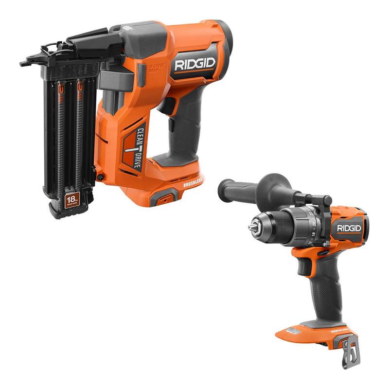 Clavadora inalámbrica brushless de calibre 18 de 18V RIDGID de 2-1/8 in. con taladro/driver inalámbrico brushless de 1/2 in. (Herramientas solamente) - R09891B-R86114B
