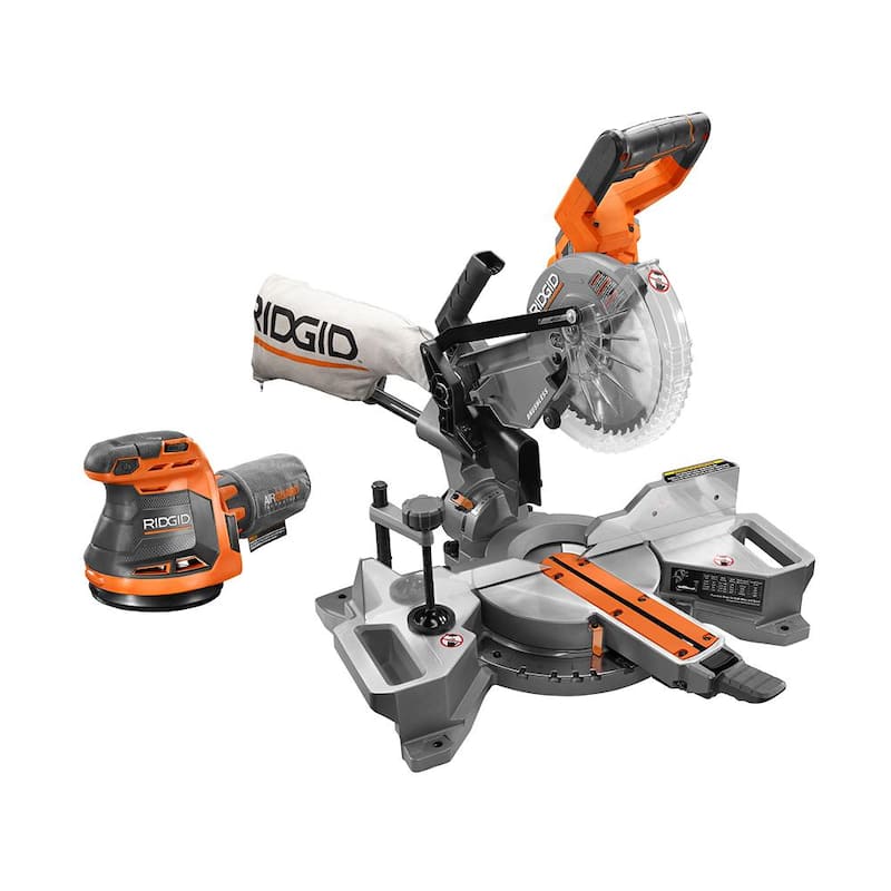 Juego de herramientas inalámbricas RIDGID de 18V con sierra ingleteadora de bisel doble deslizante de 7-1/4 pulg. y lijadora orbital aleatoria (solo herramientas) - R48607B-R8606B