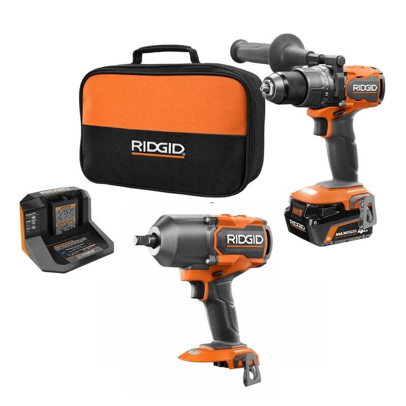 Juego de combinación de 2 herramientas inalámbricas RIDGID 18V sin escobillas con taladro/driver de martillo, llave de impacto, batería de salida máxima de 4.0 Ah, cargador y bolsa - R86115K-R86212B