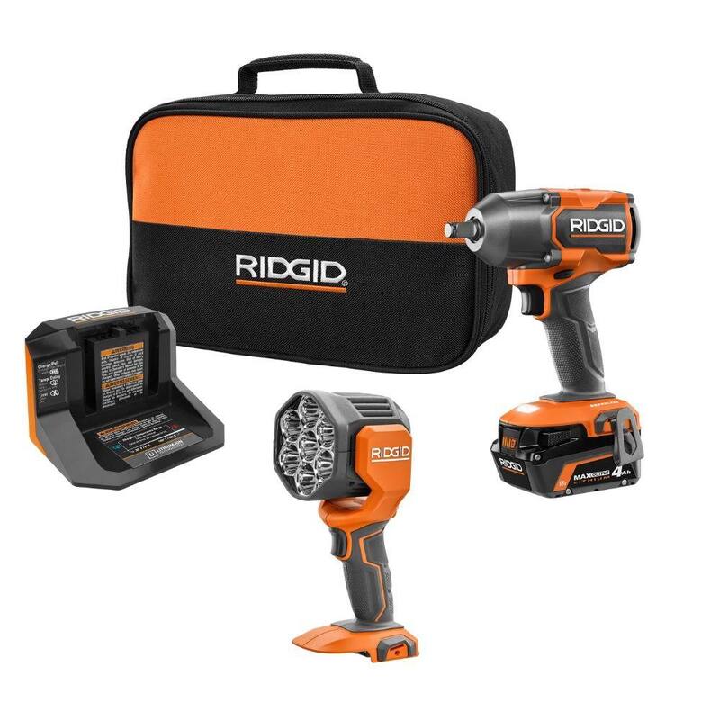Juego de herramientas inalámbricas RIDGID de 18V con 2 herramientas, llave de impacto de 1/2 pulgadas sin escobillas, foco, batería de salida máxima de 4 Ah y cargador - R86012K-R8699B