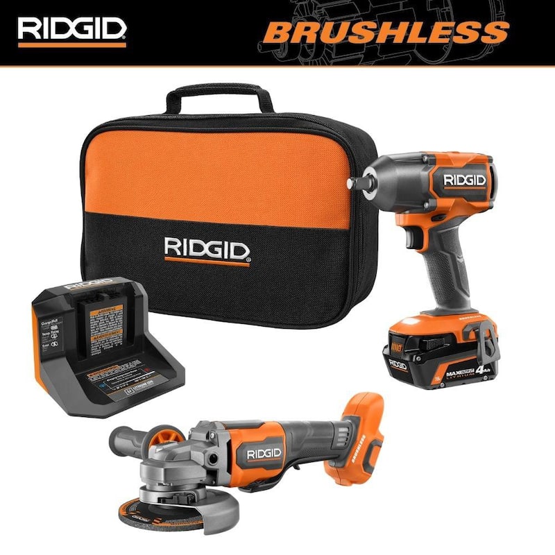 RIDGID 18V Juego de Combo Inalámbrico sin Escobillas de 2 Herramientas con Llave de Impacto de 1/2 pulg., Esmeriladora Angular, Batería de Salida Máxima de 4.0 Ah y Cargador - R86012K-R86047B