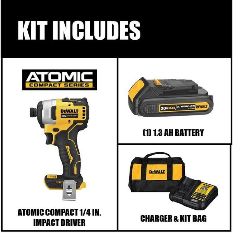 DEWALT ATOMIC 20V MAX Destornillador de Impacto Inalámbrico y Compacto de 1/4 de pulgada sin escobillas, (1) Batería de 20V 1.3Ah, Cargador y Bolsa - DCF809C1