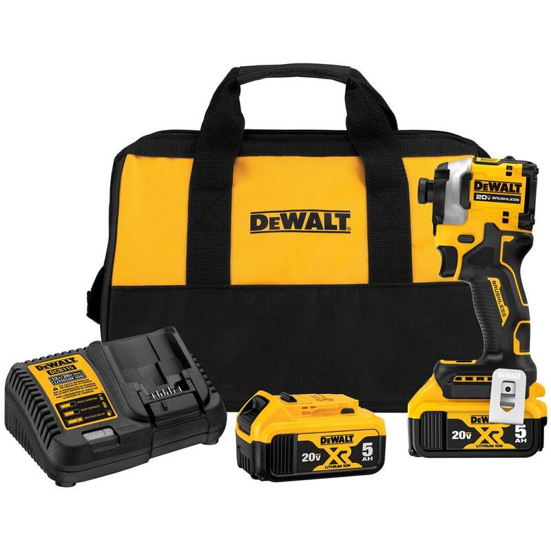 Kit de destornillador de impacto inalámbrico DEWALT ATOMIC 20V MAX con motor sin escobillas y baterías de ion de litio de 1/4 de pulgada, (2) baterías de 20V 5Ah, cargador y estuche - DCF850P2.