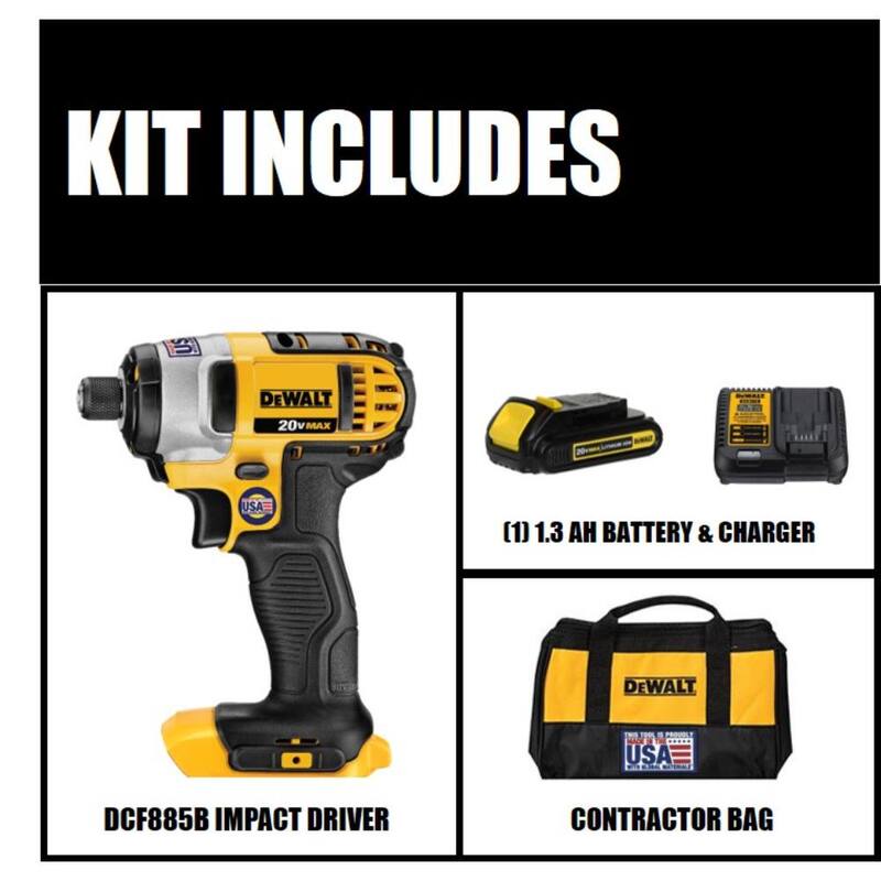 DEWALT 20V MAX Taladro de impacto inalámbrico de 1/4 de pulgada, (1) batería de 20V 1.3Ah, cargador y bolsa - DCF885C1