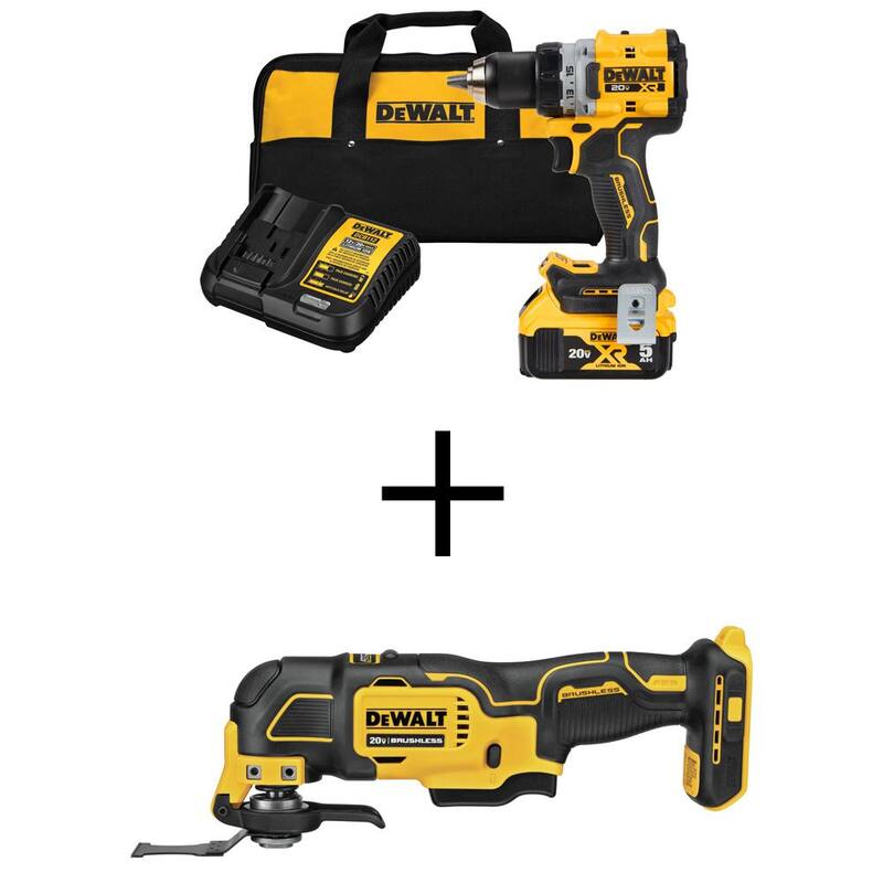 DEWALT 20V MAX XR Kit de Taladro/Atornillador inalámbrico compacto de 1/2 pulgadas con batería de iones de litio y Herramienta Multifuncional Oscilante inalámbrica sin escobillas ATÓMICA - DCD800P1WDCS354