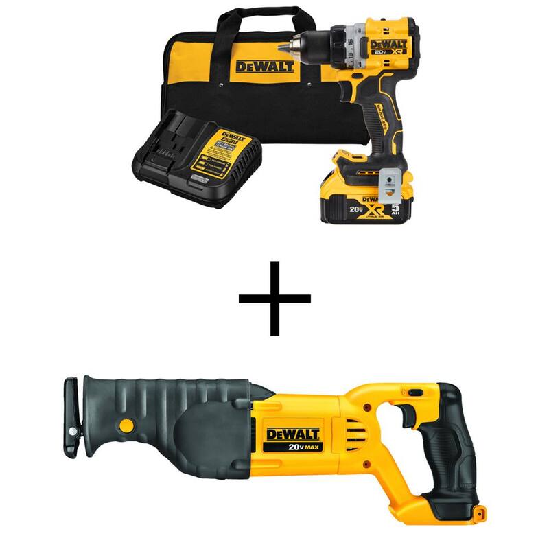 Kit de taladro/destornillador compacto inalámbrico de 1/2 pulgadas DEWALT 20V MAX XR de iones de litio con sierra alternativa inalámbrica de 20V MAX - DCD800P1WDCS380