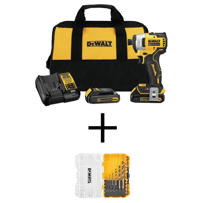 DEWALT ATOMIC 20V MAX Juego de Destornillador de Impacto Compacto sin Escobillas de 1/4 de Pulgada Inalámbrico y Set de Brocas Negras y Doradas (10 Piezas) - DCF809C2WWA1180