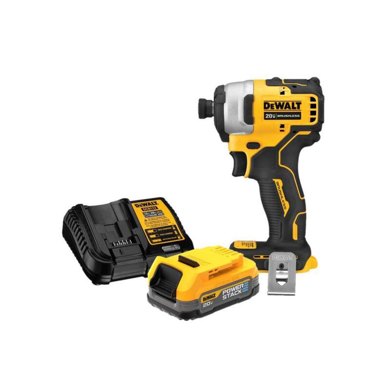 DEWALT ATOMIC 20V MAX Taladro inalámbrico compacto sin escobillas de 1/4 de pulgada y Kit de batería compacta 20V POWERSTACK - DCF809BWP034C