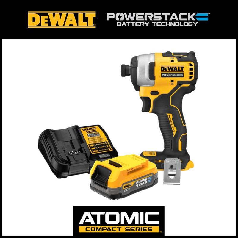 DEWALT ATOMIC 20V MAX Taladro inalámbrico compacto sin escobillas de 1/4 de pulgada y Kit de batería compacta 20V POWERSTACK - DCF809BWP034C