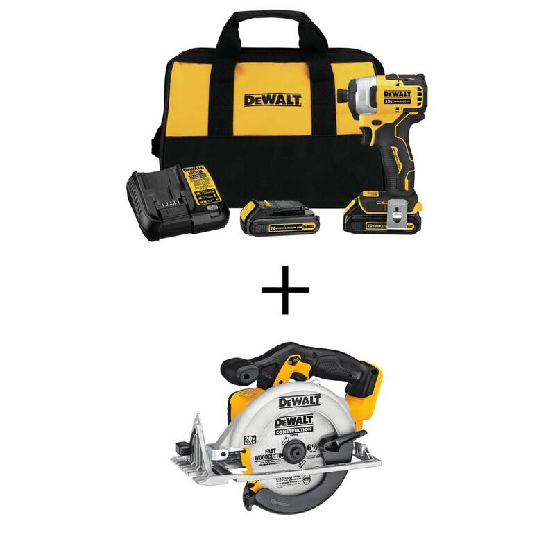 DEWALT ATOMIC 20V MAX Juego de destornillador de impacto sin escobillas compacto de 1/4 de pulgada y sierra circular de 20V 6-1/2 pulgadas - DCF809C2W391