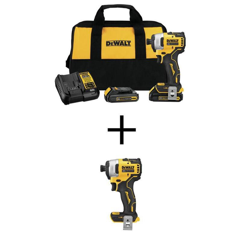 DEWALT ATOMIC 20V MAX Llave de Impacto Inalámbrica Compacta sin Escobillas de 1/4 de Pulgada (paquete de 2), (2) baterías de 20V 1.3Ah, cargador y bolsa - DCF809C2WCF809B