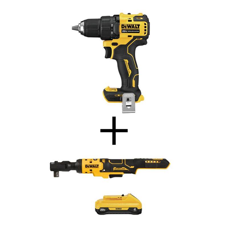 DEWALT ATOMIC 20V MAX Taladro/destornillador inalámbrico y sin escobillas compacto de 1/2 pulgadas, trinquete de 1/2 pulgadas y batería compacta de 20V 4.0Ah - DCD708BW512B240