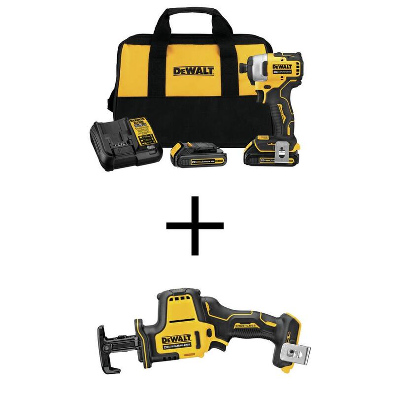 DEWALT ATOMIC Juego de Impact Driver inalámbrico compacto sin escobillas de 20V MAX y sierra reciprocante compacta sin escobillas de 20V - DCF809C2W369B