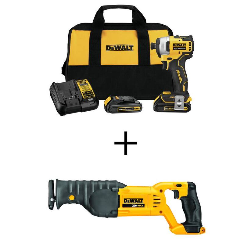 DEWALT ATOMIC Kit de destornillador de impacto compacto inalámbrico sin escobillas de 20V MAX y sierra reciproca inalámbrica de 20V - DCF809C2W380
