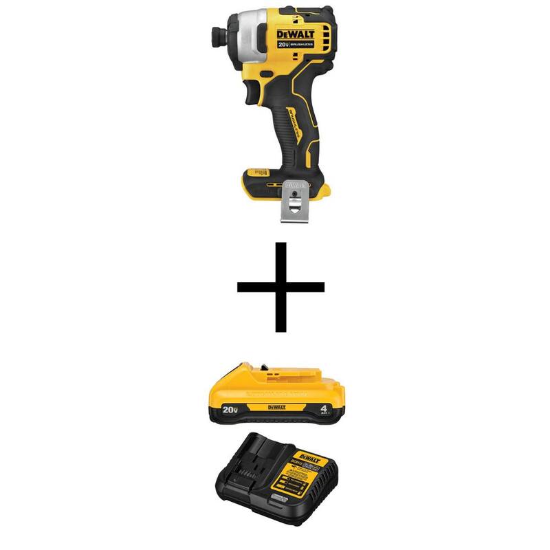 DEWALT ATOMIC 20V MAX Llave de Impacto Inalámbrica y Compacta de 1/4 in. con Motor Sin Escobillas, Batería Compacta de 20V 4.0Ah y Cargador de 12V a 20V MAX - DCF809BW240C